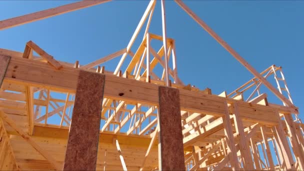 Construction New Beam Stick Home Wooden Roof Framework Trusses Constructed — Vídeos de Stock