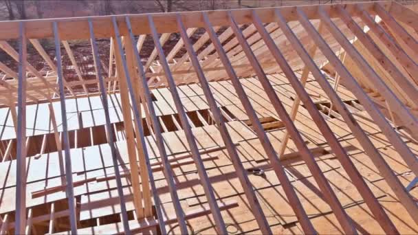 Wooden Roof Framework Trusses Constructed Part Construction New Beam Stick — ストック動画