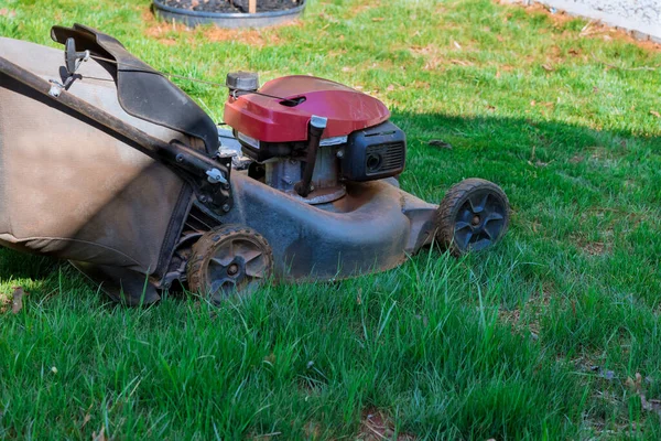 Memotong Rumput Hijau Sekitar Rumah Dengan Mesin Pemotong Rumput Sambil — Stok Foto