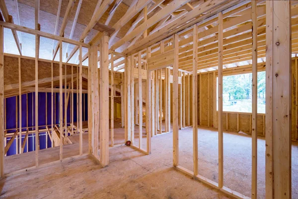 View New House Construction Original Wooden Framing Beams Still Incomplete — Stock Photo, Image