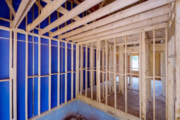 Residential Incomplete Wooden Home Framing Beams View New House Construction — Stock Photo, Image