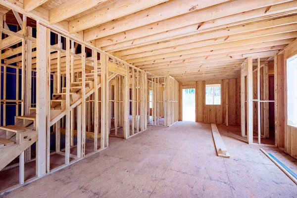 Construction New House Involves Use Wooden Beams Support Frame — Stock Photo, Image