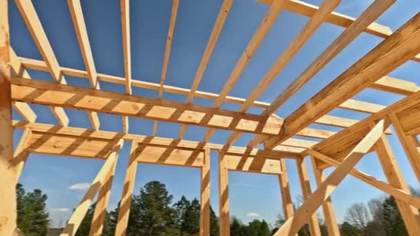 Building Frame House Made Out Wooden Beams Stick Framework New — Stock Video