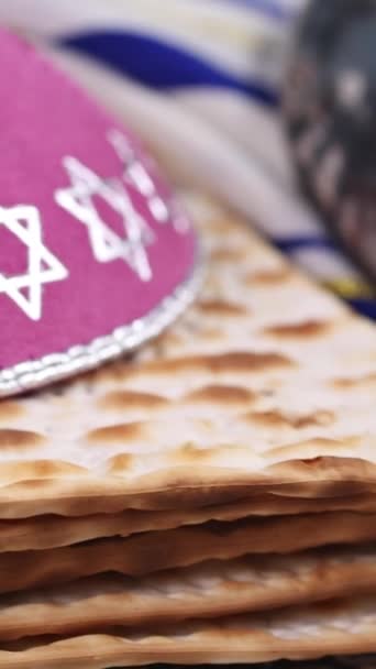 One Key Features Passover Requirement Kosher Food Unleavened Matzah Bread — Stockvideo