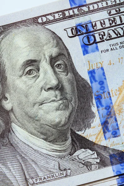 Benjamin Franklin Closeup Face Featured United States One Hundred Dollar — Stock Photo, Image
