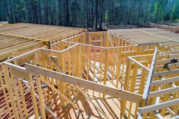 Letecký Pohled Budovu Výstavbě Dřevěný Rám Rámových Trámech Pro Nový — Stock fotografie