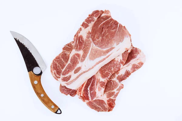 Isolierte Weiße Hintergrund Mit Großen Stücken Schweinefleisch Rohes Frisches Fleisch — Stockfoto