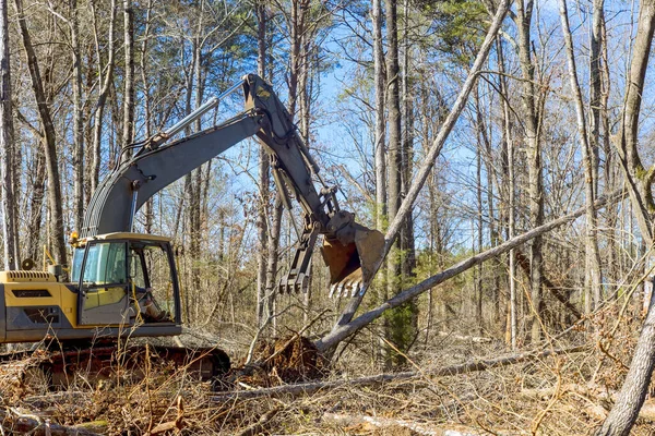 stock image Worker removing trees from forests, preparing ground for building house, using an excavator