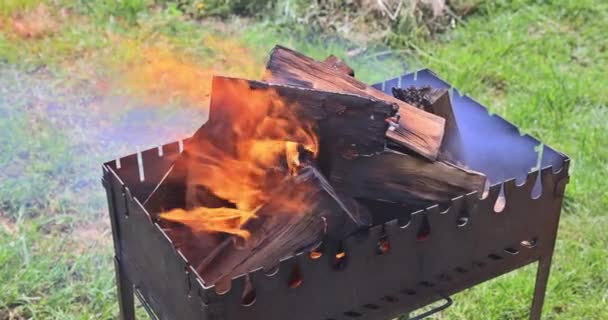 Small Folding Portable Brazier Can Used Bbq Grill Burn Wood — Stock Video