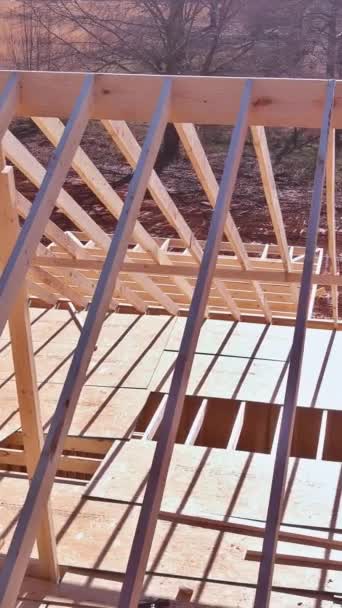 Building Beam Stick Home Trusses Wooden Framework Carried Out Construction — Wideo stockowe