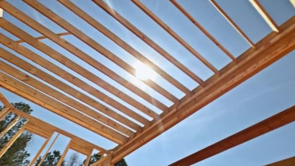 Building Beam Stick Home Layout Joists Trusses Wooden Framework Carried — Stock Video