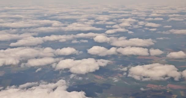Güzel Mavi Pofuduk Bulutlu Gökyüzüne Bakan Bir Uçak Penceresinden Yeşil — Stok video