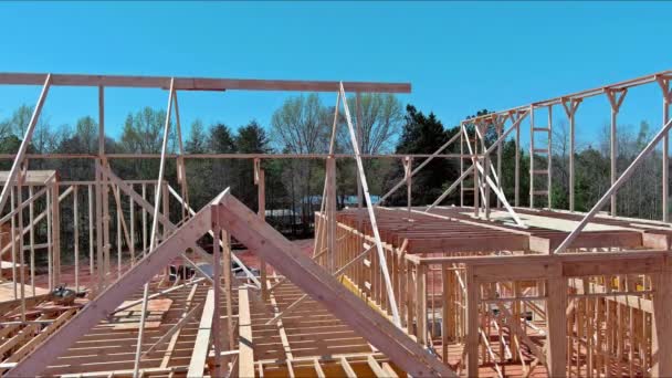 Construction New Building Timber Truss Frames Wooden Joists Being Constructed — Stock Video