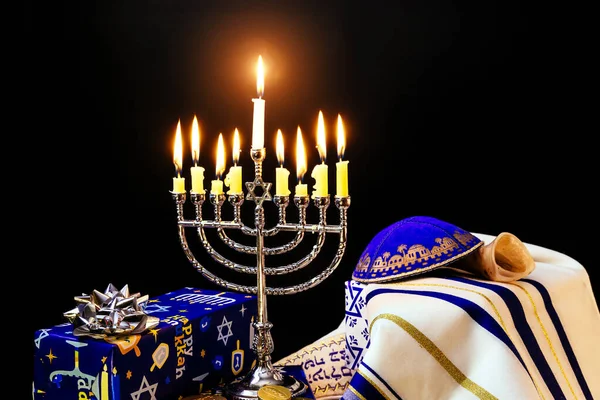 Fête Hanoukka Menorah Bougies Allumées Lors Célébration Juive — Photo