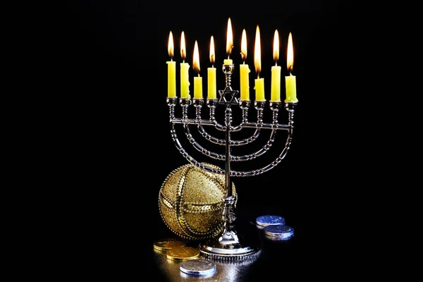 Hanukkah Flames Kindling Hanukkiah Menorah Candles Jewish Holy Holiday — Stock Photo, Image