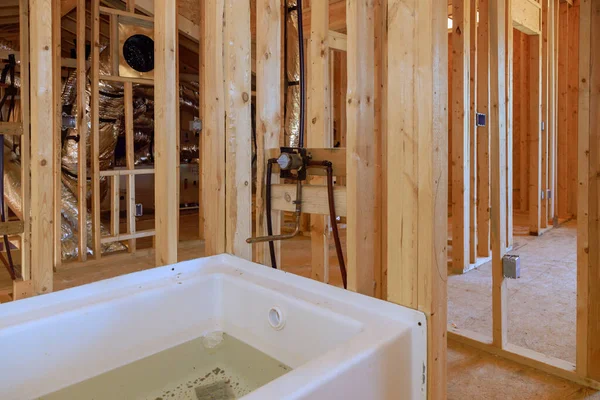 Beams Frame Newly Installed Acrylic Bathtub Home Construction Bathroom — Stock Photo, Image
