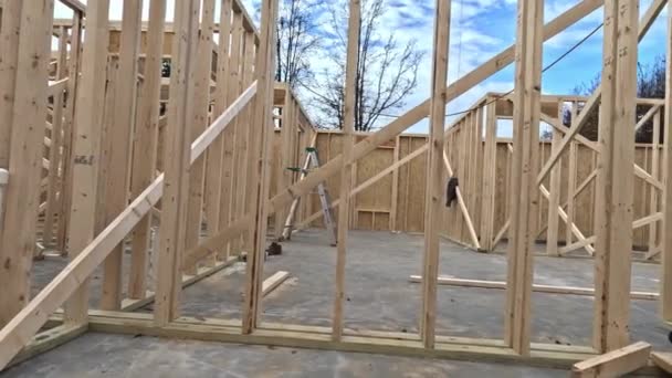 Unfinished House Wooden Framing Beams Construction Work Progress View — Stock Video