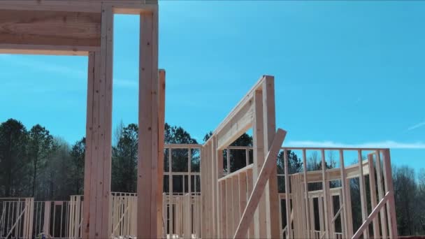 Work Progress View Construction Unfinished House Wooden Framing Beams — Stock Video