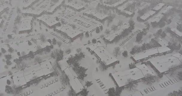 Wintertime Bird Eye View Snow Covered Small American Town Houses — Stock Video