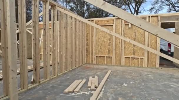 Construction Work Progress Unfinished House Wooden Framing Beams View — Stock Video