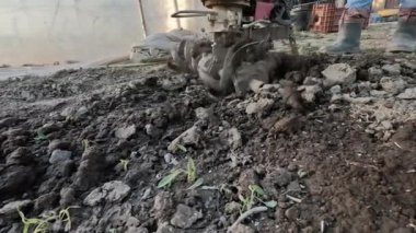 Çiftçi bahçesinde, motorlu ekicinin dümen bloğuyla toprağı sürmüş..