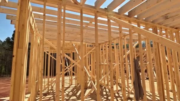 Beams Wood Stick Framing Framework New House Construction Site — Stock Video