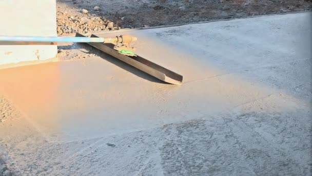 Construction Worker Holding Steel Trowel Smoothing Out Plastering New Sidewalk — Αρχείο Βίντεο