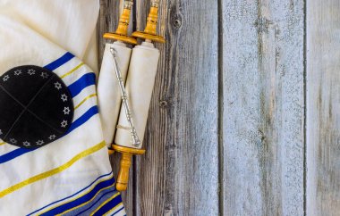 Jewish traditions it torah parchment scroll pray shawl tallit kippah in synagogue, holyday symbols clipart