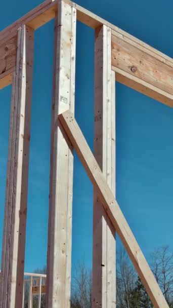 Wooden Framing Beams Unfinished House Construction Work Progress View — Stock Video