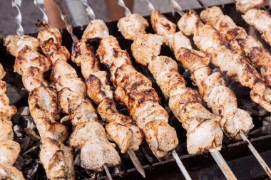 Geleneksel Türk kebabı sıcak ızgaranın üzerinde ateşte pişirilmiş şiş kebap.