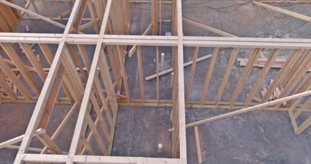 Work Progress View Unfinished House Construction Wooden Framing Beams — Stock Video