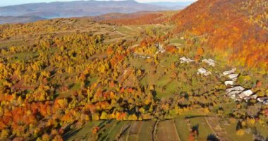 Karpat tepeleri sonbahar dağlarının ortasındaki küçük köy arazileri