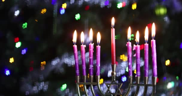 Lighting Hanukkiah Jewish Menorah Candles Ablaze Hanukkah Festival — Stock Video
