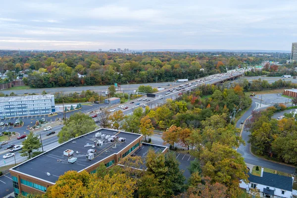 stock image This aerial view American freeway I-95 NJ Turnpike with heavy traffic moving quickly from left to right