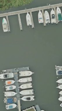 Panoramik güzel okyanus marinası tekneler rıhtım yatları hava manzaralı yelkenliler.