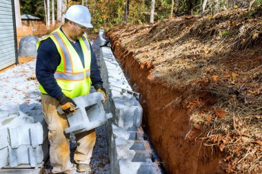 Beton blok duvarlar döşeyen müteahhit tarafından yapılan istinat duvarlarının inşaatı