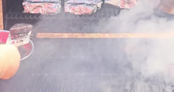 焼き立てのアメリカのビーフバーガーは 炎の上で熱いグリルをバーベキューです — ストック動画