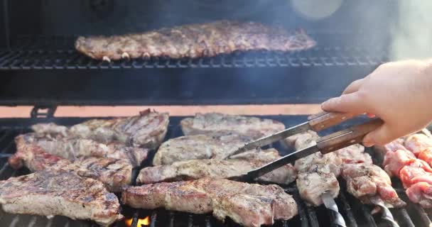 烧烤烤肉与烤猪肉共进晚餐的各式美味烤猪肉 — 图库视频影像