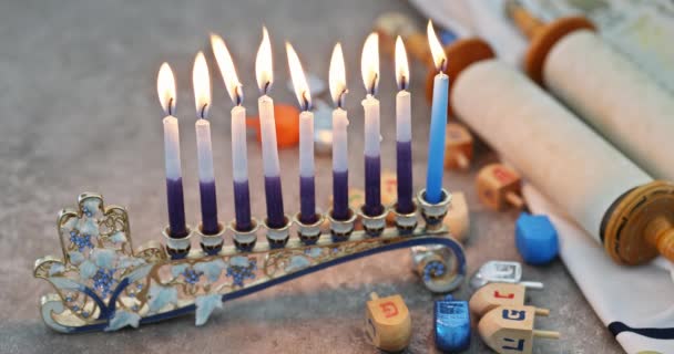 Hanukkiah Menorah Φως Των Κεριών Κατά Διάρκεια Της Παραδοσιακής Γιορτής — Αρχείο Βίντεο