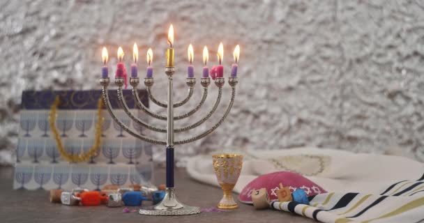 Hanukkiah Menorah Candle Lights Traditional Celebration Hanukkah Jewish Religion Holiday — Stock Video