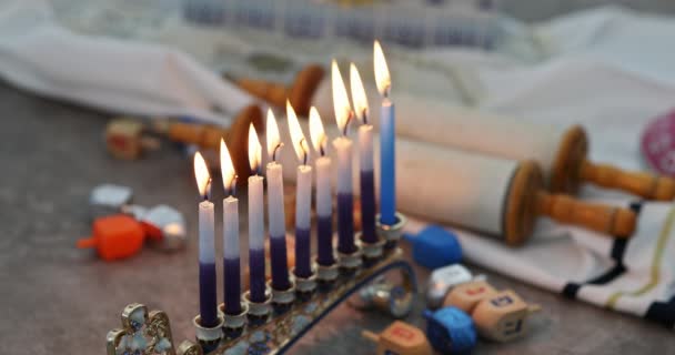 Hanukkiah Menorah Yahudi Bayramı Bayramının Sembolü — Stok video