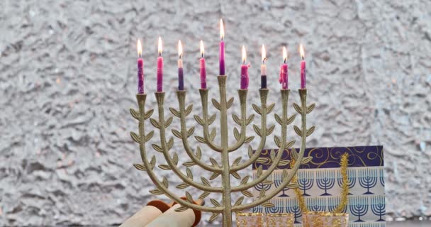 Símbolo Religião Tradicional Férias Judaicas Hanukkah Com Hanukkiah Menorah Que — Vídeo de Stock