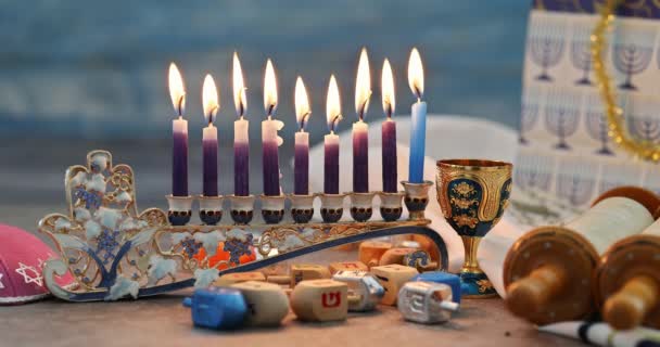 Una Menorah Minorca Hanukkiah Rappresenta Festa Ebraica Tradizionale Hanukkah — Video Stock
