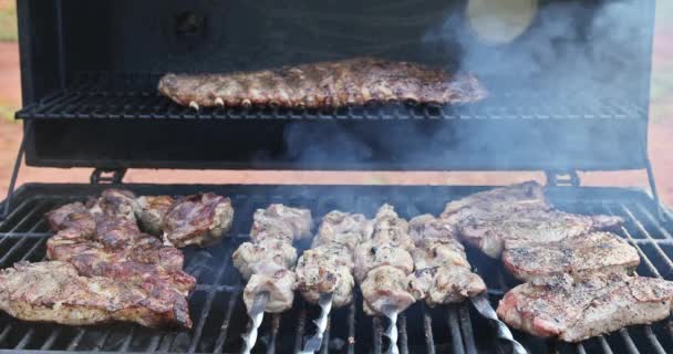 Különböző Szaftos Húsokat Füstölnek Grillsütő Felett Elkészítés Részeként Választék — Stock videók