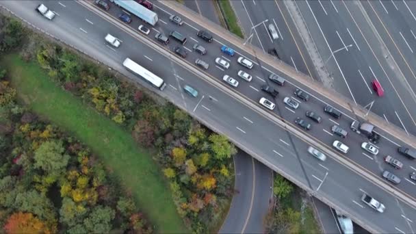 Aerial View Traffic Jam Rush Hour Cars Slowing Moving Highway — Stock Video