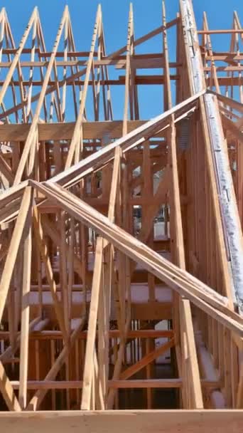 Part Construction New Home Wooden Beam Stick Frames Were Constructed — Stock Video