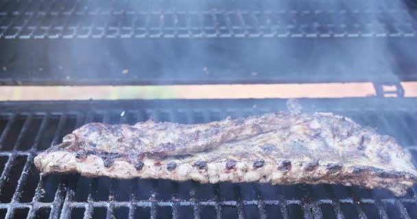 烤肉排正在烤肉烤架上烤 烤得火辣辣的 — 图库视频影像