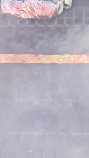焼き立てのアメリカのビーフバーガーは 炎の上で熱いグリルをバーベキューです — ストック動画