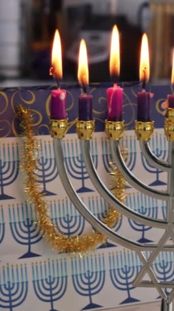 Hanukkah Tradizionale Simbolo Religioso Raffigurante Hanukkah Menorah Con Candele Accese — Video Stock