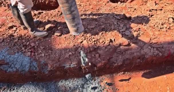 Worker Pouring Concrete Foundation New House Construction Site — Stock Video